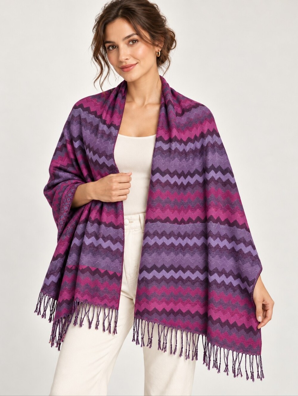 Purple Pink Chevron Fringe Lightweight Shawl Scarf Wrap